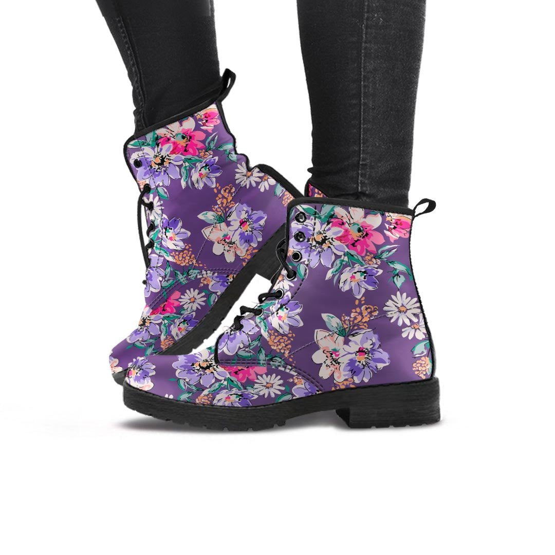 Purple Floral Print Women's Boots-grizzshop