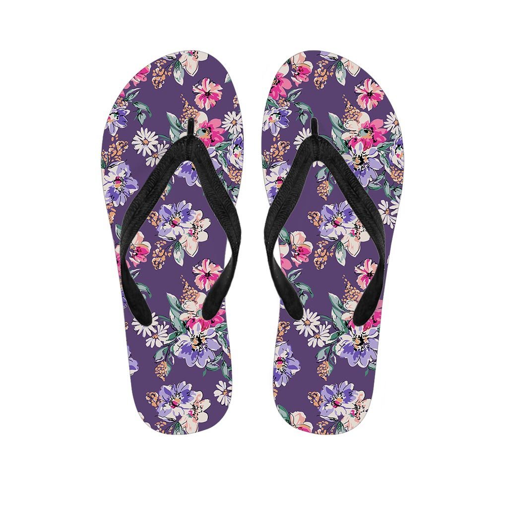Purple Floral Print Women's Flip Flops-grizzshop
