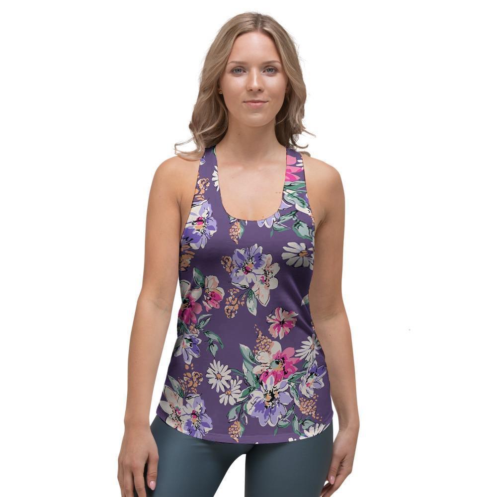 Purple Floral Print Women's Racerback Tank Top-grizzshop