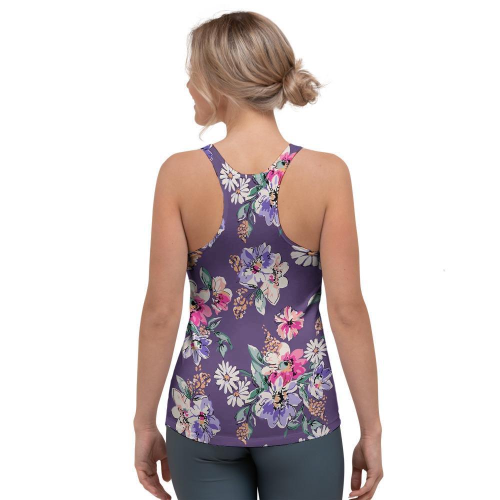 Purple Floral Print Women's Racerback Tank Top-grizzshop