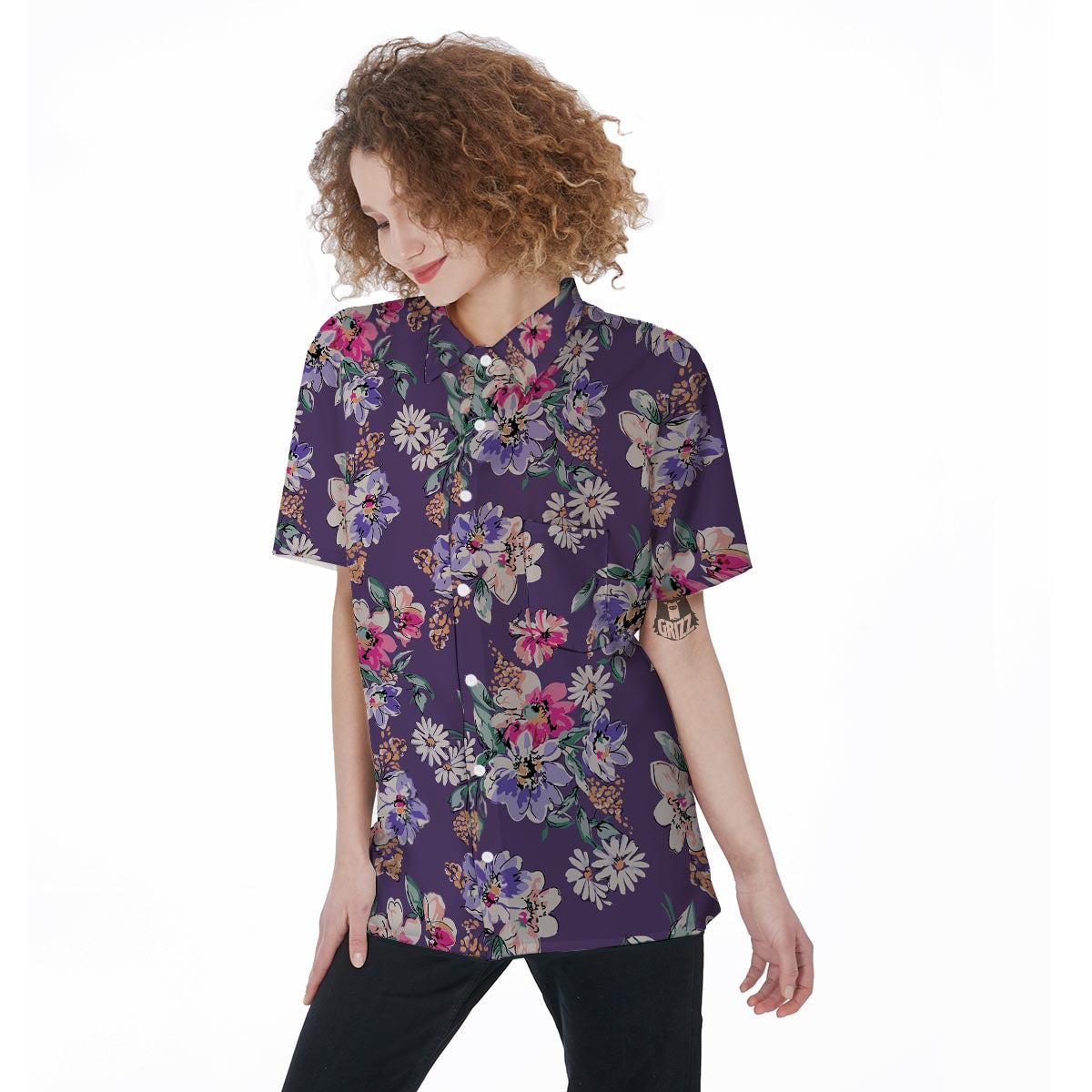 Purple Floral Print Women's Short Sleeve Shirts-grizzshop
