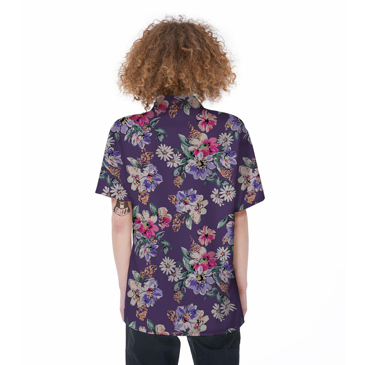 Purple Floral Print Women's Short Sleeve Shirts-grizzshop