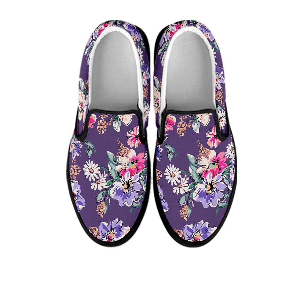 Purple Floral Print Women's Slip On Sneakers-grizzshop