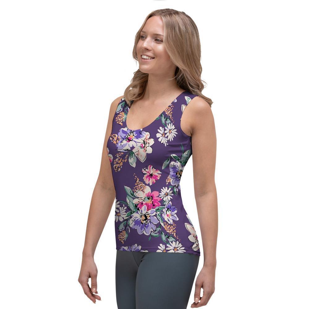 Purple Floral Print Women's Tank Top-grizzshop