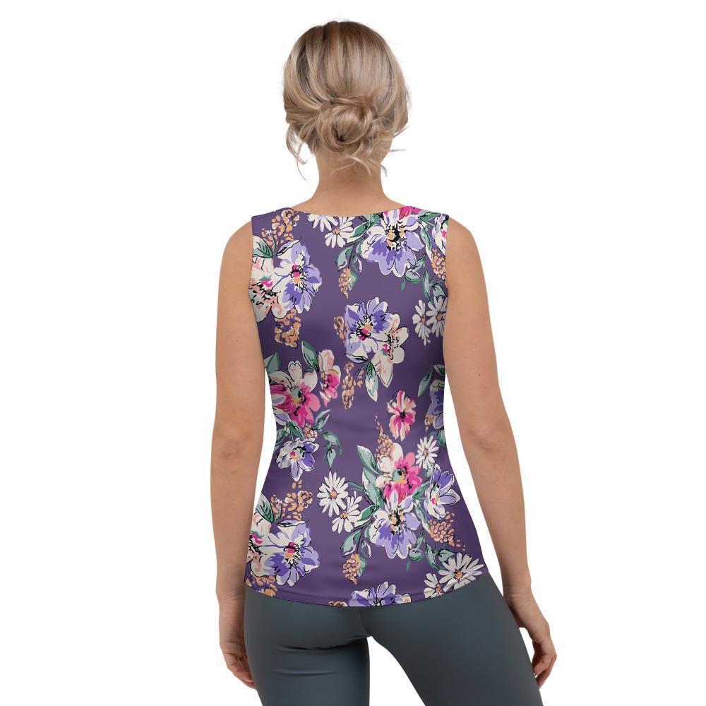 Purple Floral Print Women's Tank Top-grizzshop