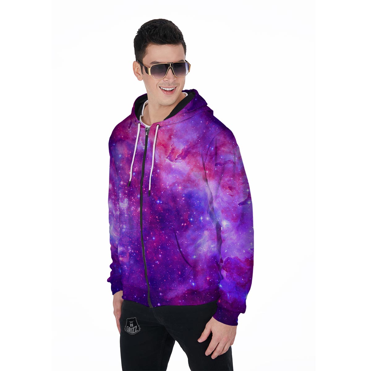 Purple Galaxy Space Men's Zip Up Hoodie-grizzshop