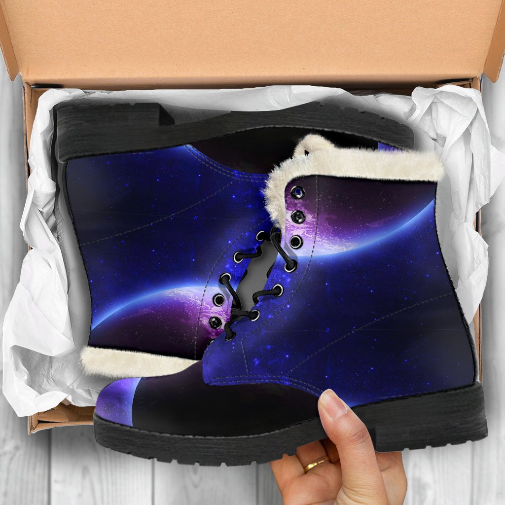 Purple Galaxy Space Moon Earth Print Comfy Winter Boots-grizzshop