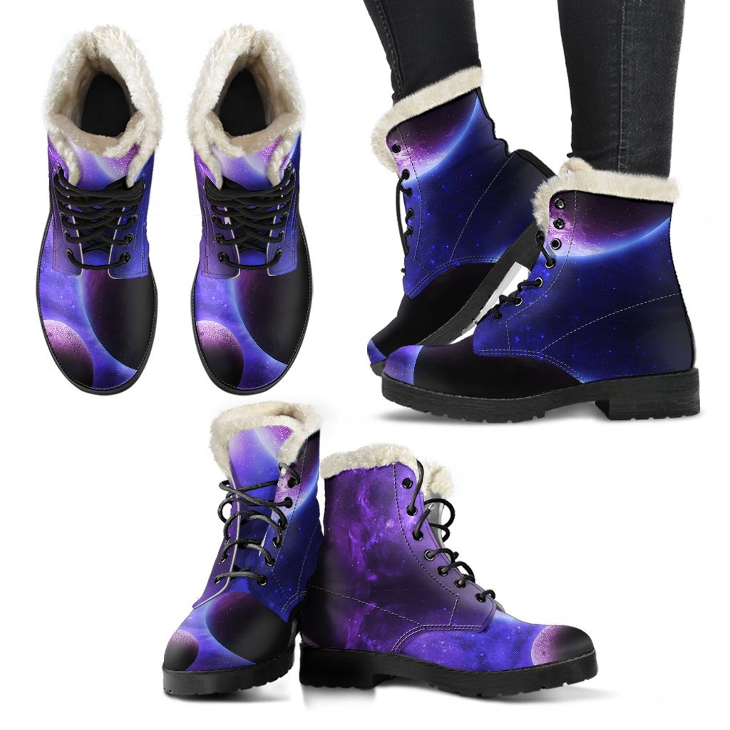 Purple Galaxy Space Moon Earth Print Comfy Winter Boots-grizzshop