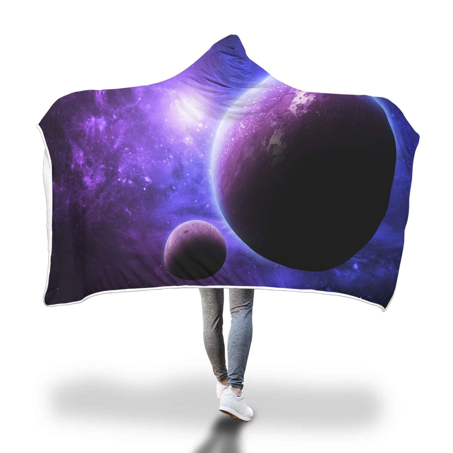 Purple Galaxy Space Moon Earth Print Hooded Blanket-grizzshop