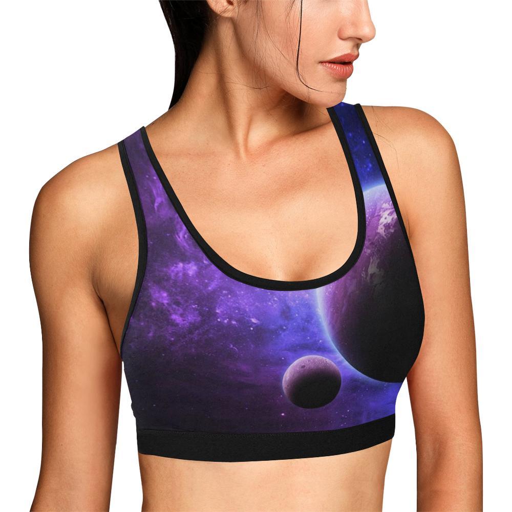Purple Galaxy Space Moon Earth Print Women Sports Bra-grizzshop