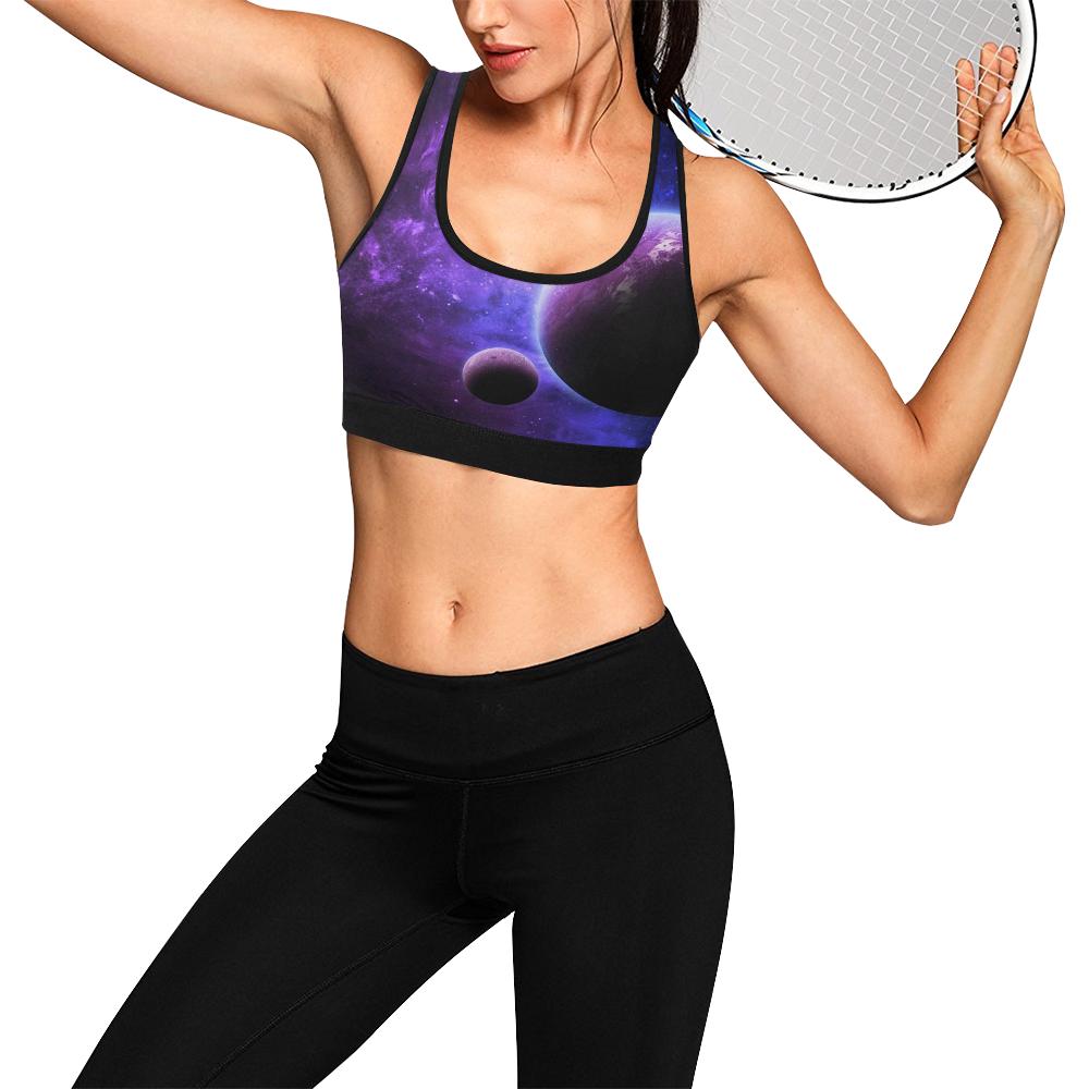 Purple Galaxy Space Moon Earth Print Women Sports Bra-grizzshop