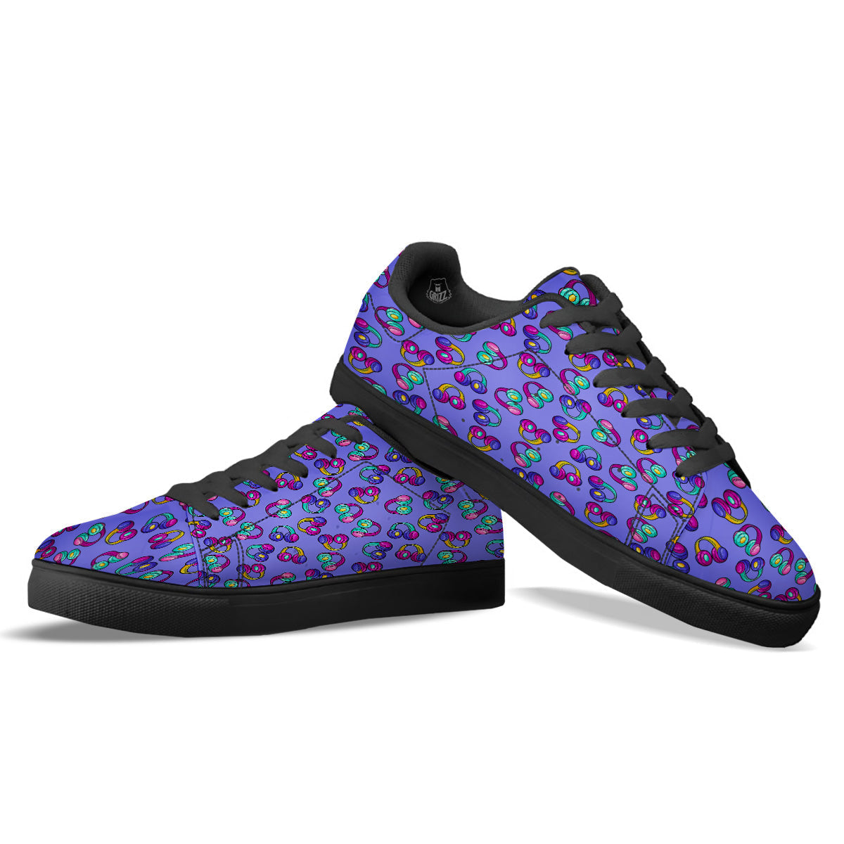 Purple Headphones Print Pattern Black Low Top Sneakers-grizzshop