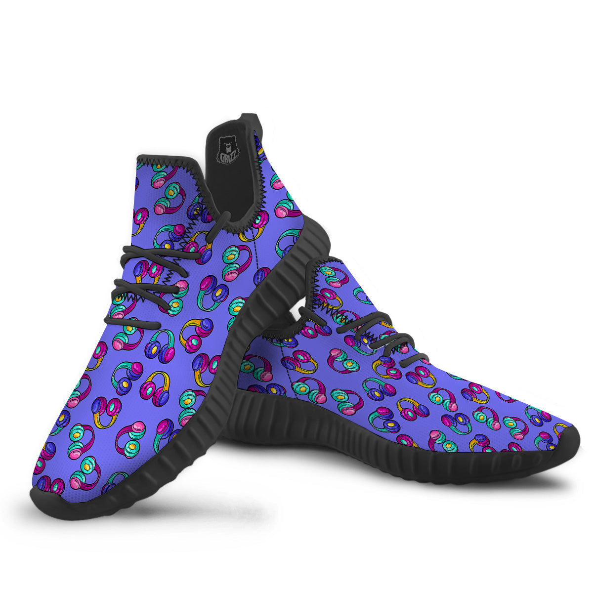 Purple Headphones Print Pattern Black Walking Shoes-grizzshop