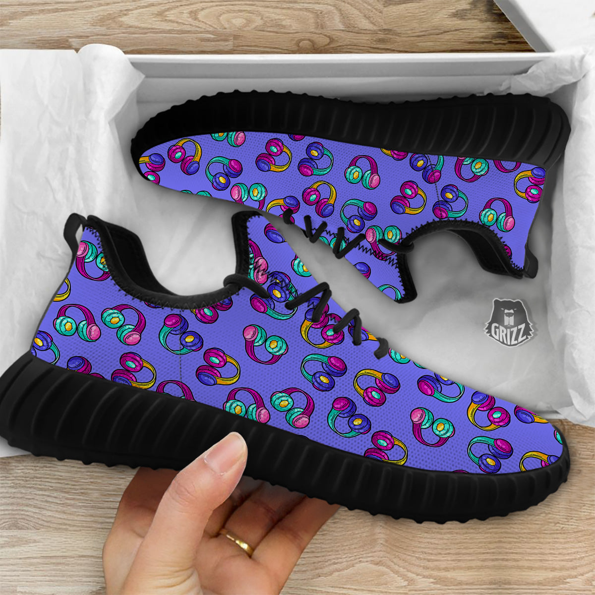 Purple Headphones Print Pattern Black Walking Shoes-grizzshop
