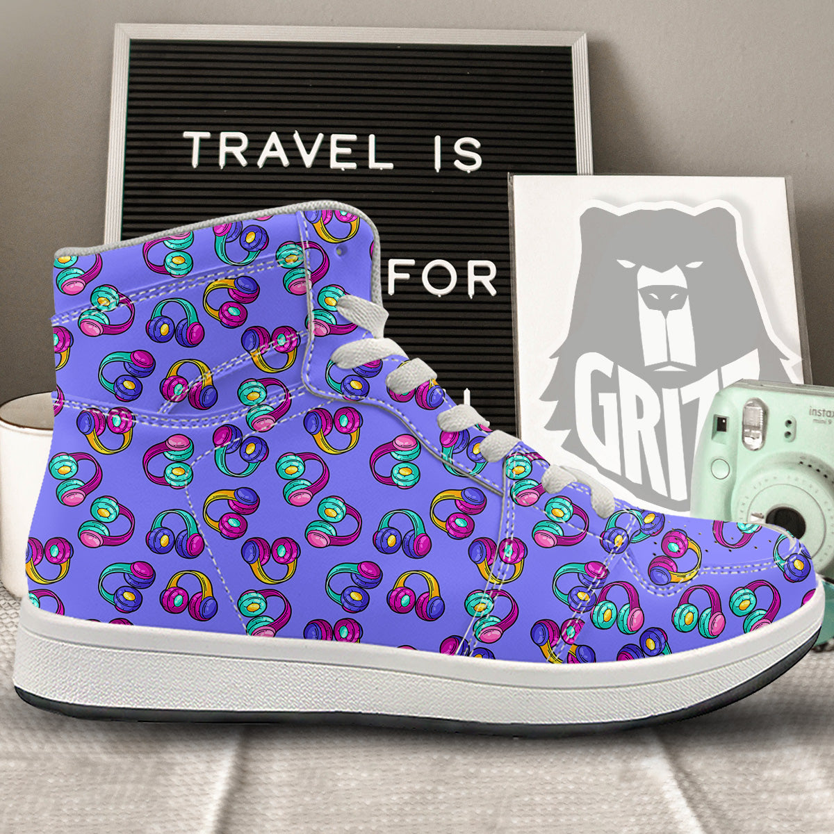 Purple Headphones Print Pattern High Top Sneakers-grizzshop
