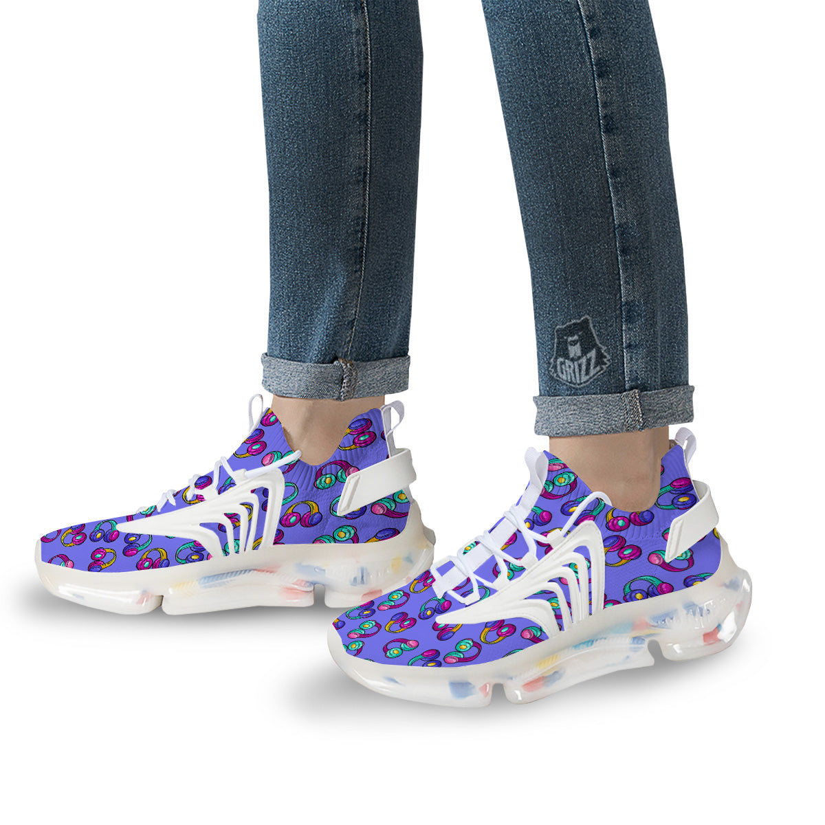 Purple Headphones Print Pattern White Gym Shoes-grizzshop