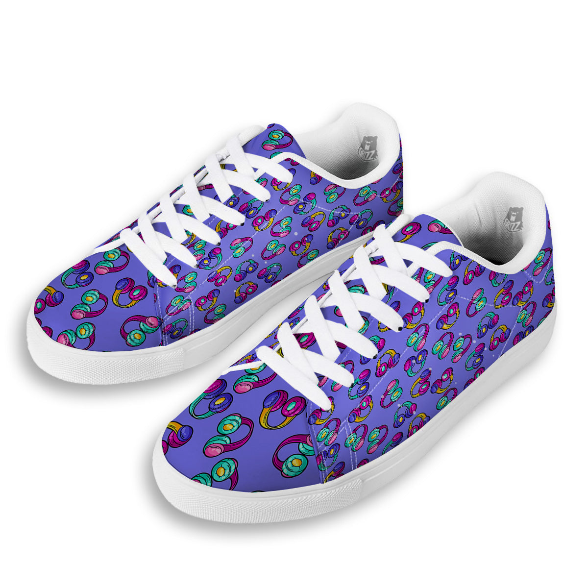 Purple Headphones Print Pattern White Low Top Sneakers-grizzshop