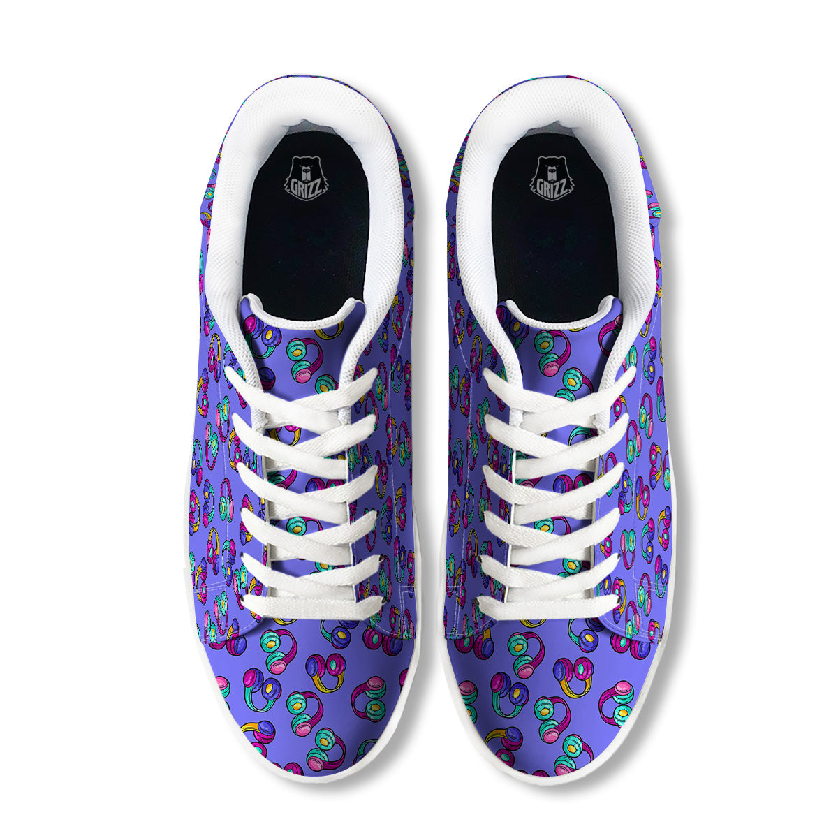 Purple Headphones Print Pattern White Low Top Sneakers-grizzshop