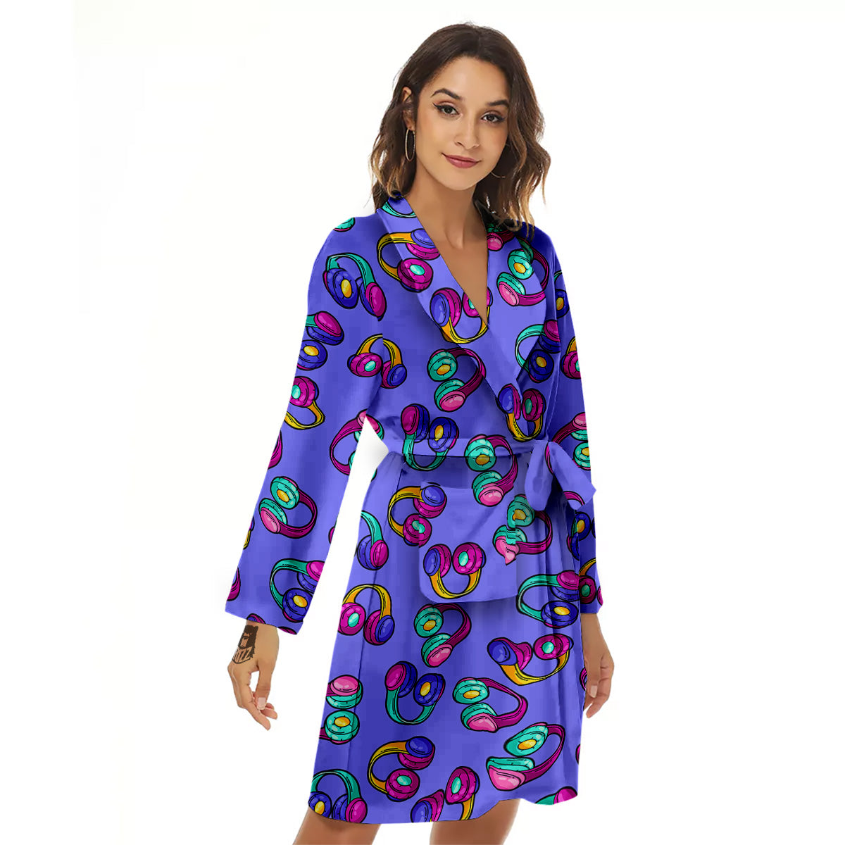 Purple Headphones Print Pattern Women's Robe-grizzshop