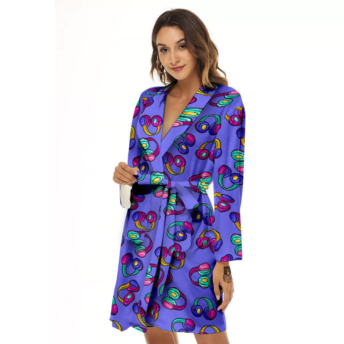 Purple Headphones Print Pattern Women's Robe-grizzshop