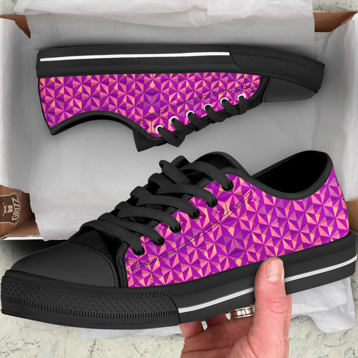 Purple Hexagonal Shape Print Pattern Black Low Top Shoes-grizzshop
