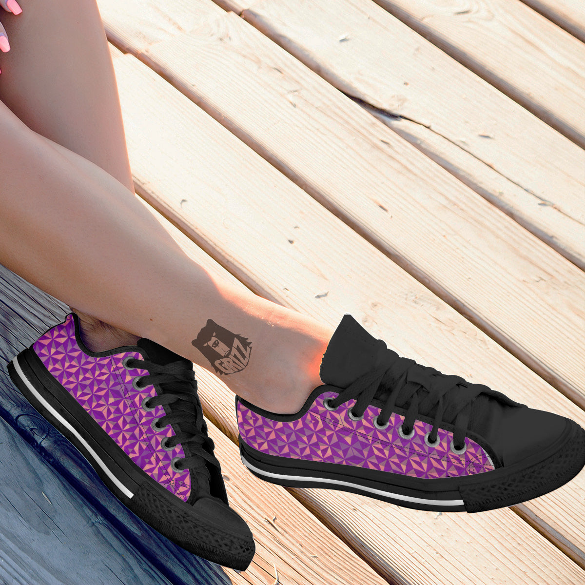 Purple Hexagonal Shape Print Pattern Black Low Top Shoes-grizzshop