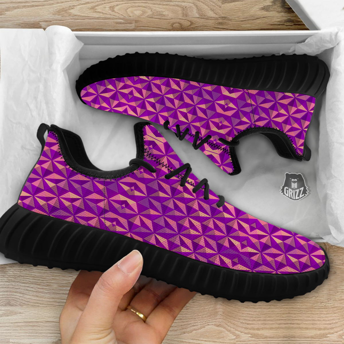 Purple Hexagonal Shape Print Pattern Black Walking Shoes-grizzshop