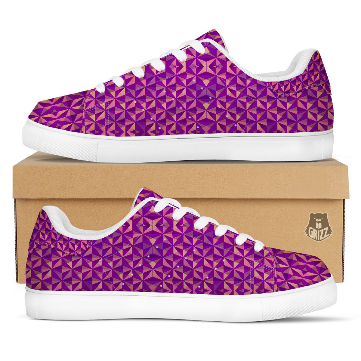 Purple Hexagonal Shape Print Pattern White Low Top Sneakers-grizzshop