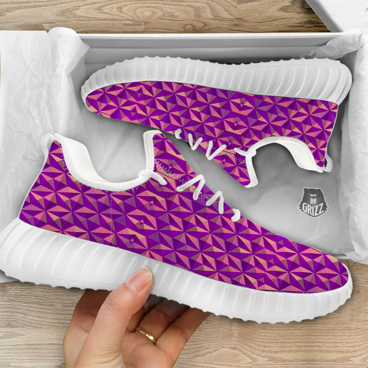 Purple Hexagonal Shape Print Pattern White Walking Shoes-grizzshop