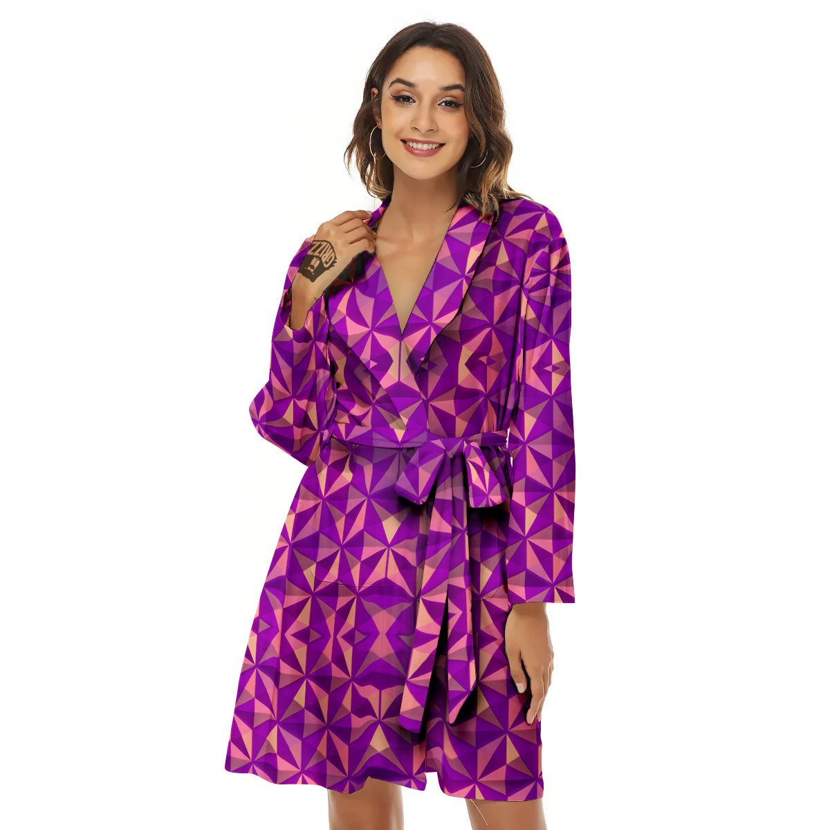 Purple Hexagonal Shape Print Pattern Women's Robe-grizzshop
