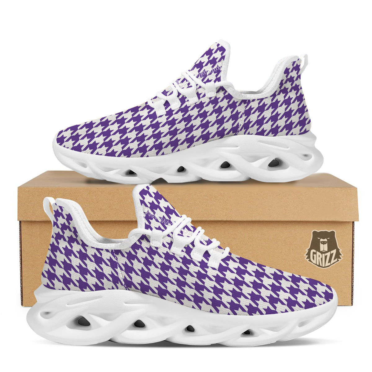 Purple Houndstooth Print White Running Shoes-grizzshop