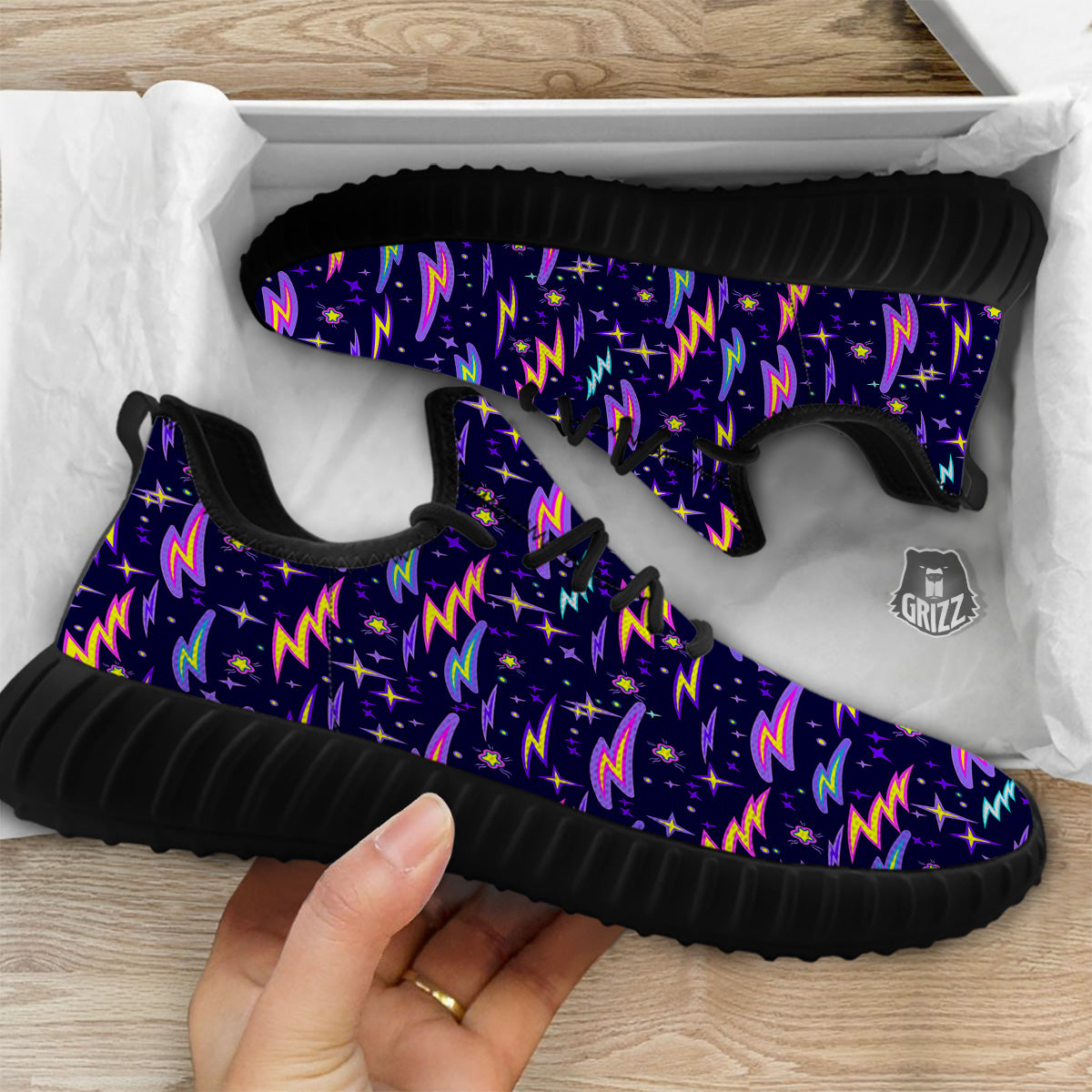 Purple Lightning Flashes Print Pattern Black Walking Shoes-grizzshop