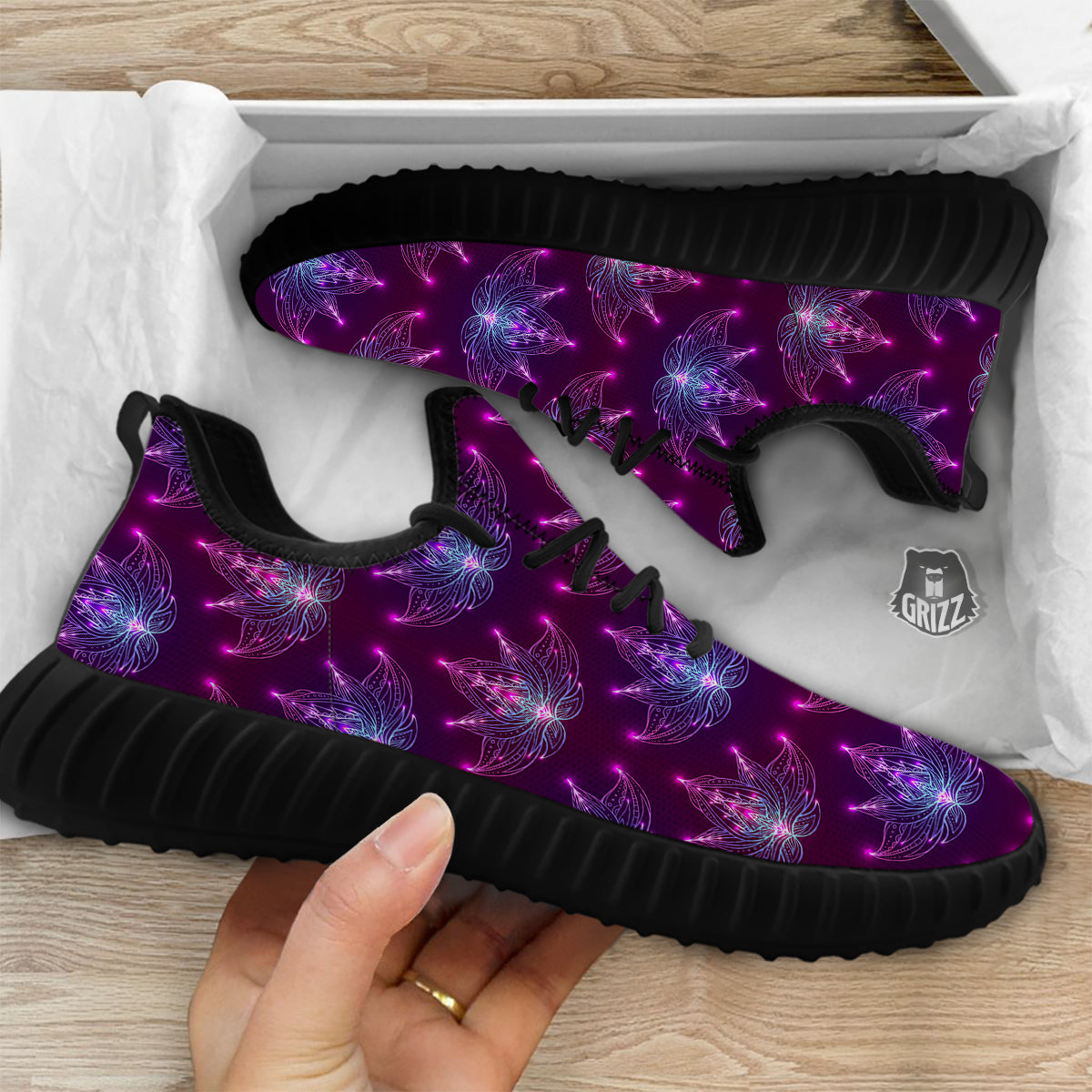 Purple Lotus Boho Print Pattern Black Walking Shoes-grizzshop