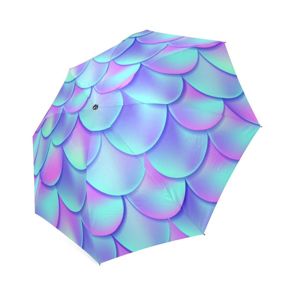 Purple Mermaid Teal Scales Pattern Print Foldable Umbrella-grizzshop