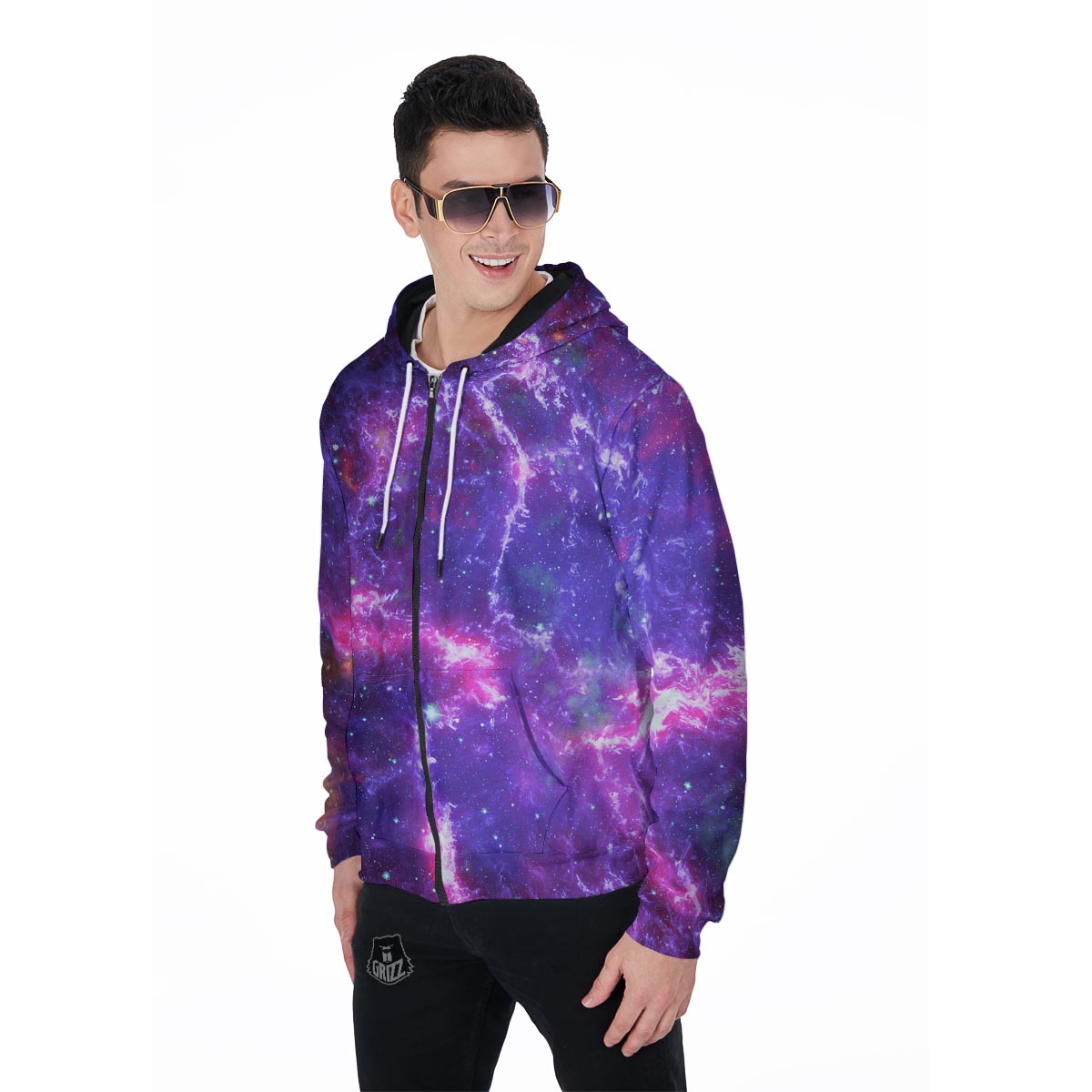 Purple Nebula Galaxy Space Men's Zip Up Hoodie-grizzshop