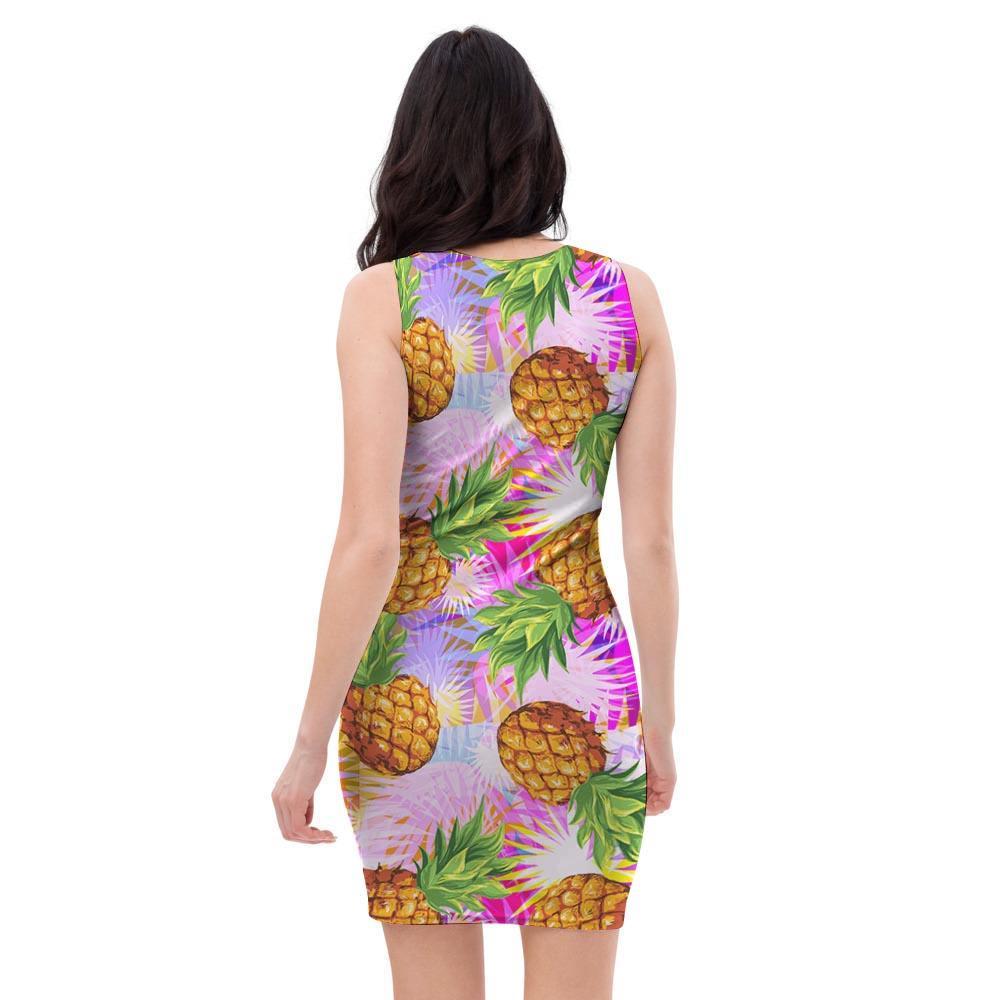 Purple Neon Pineapple Hawaiian Print Bodycon Dress-grizzshop