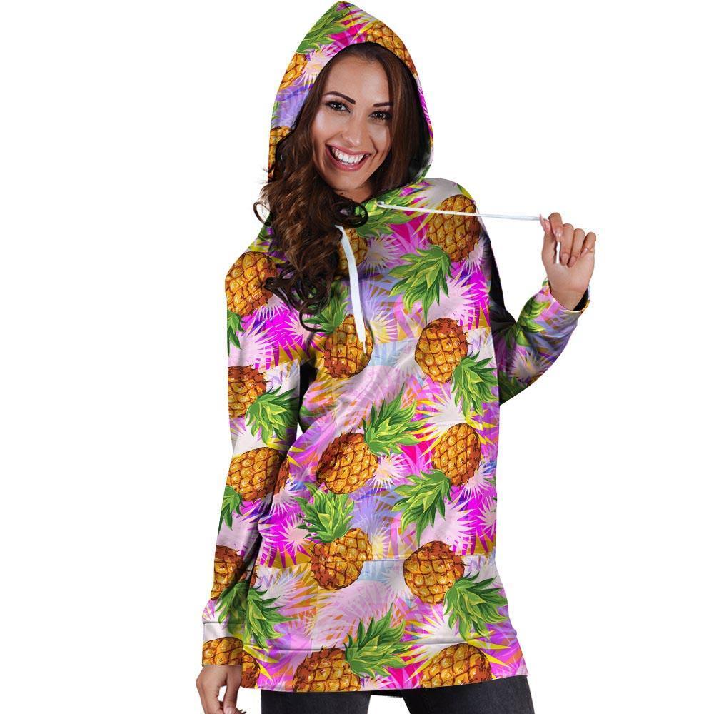 Purple Neon Pineapple Hawaiian Print Hoodie Dress-grizzshop