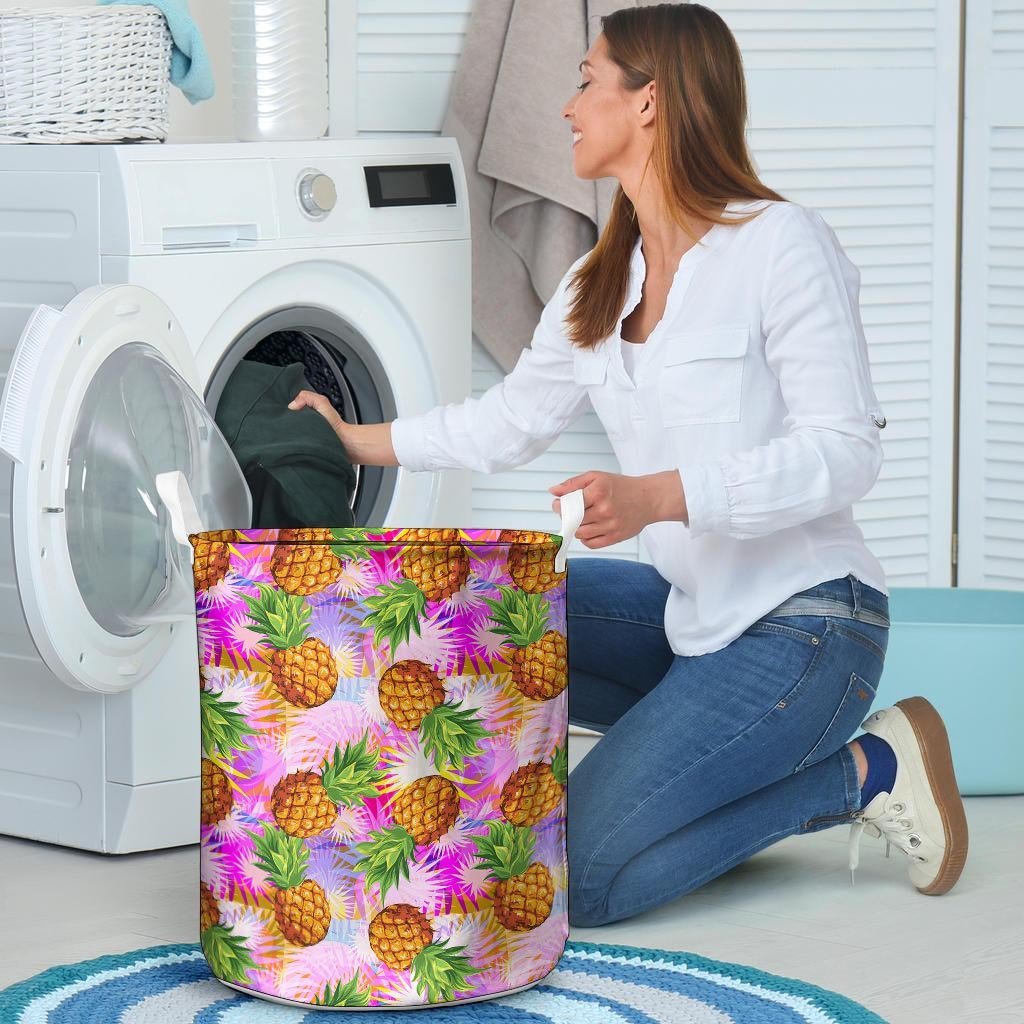 Purple Neon Pineapple Hawaiian Print Laundry Basket-grizzshop