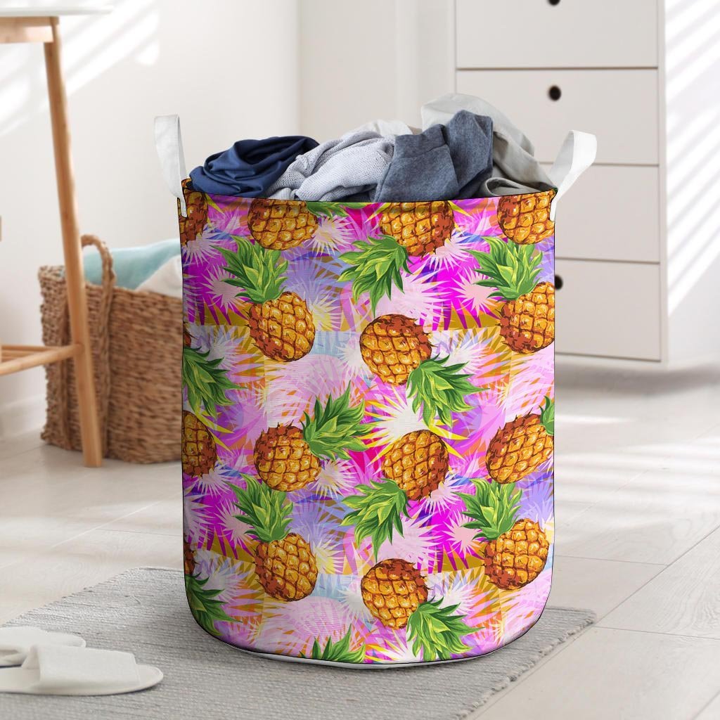 Purple Neon Pineapple Hawaiian Print Laundry Basket-grizzshop