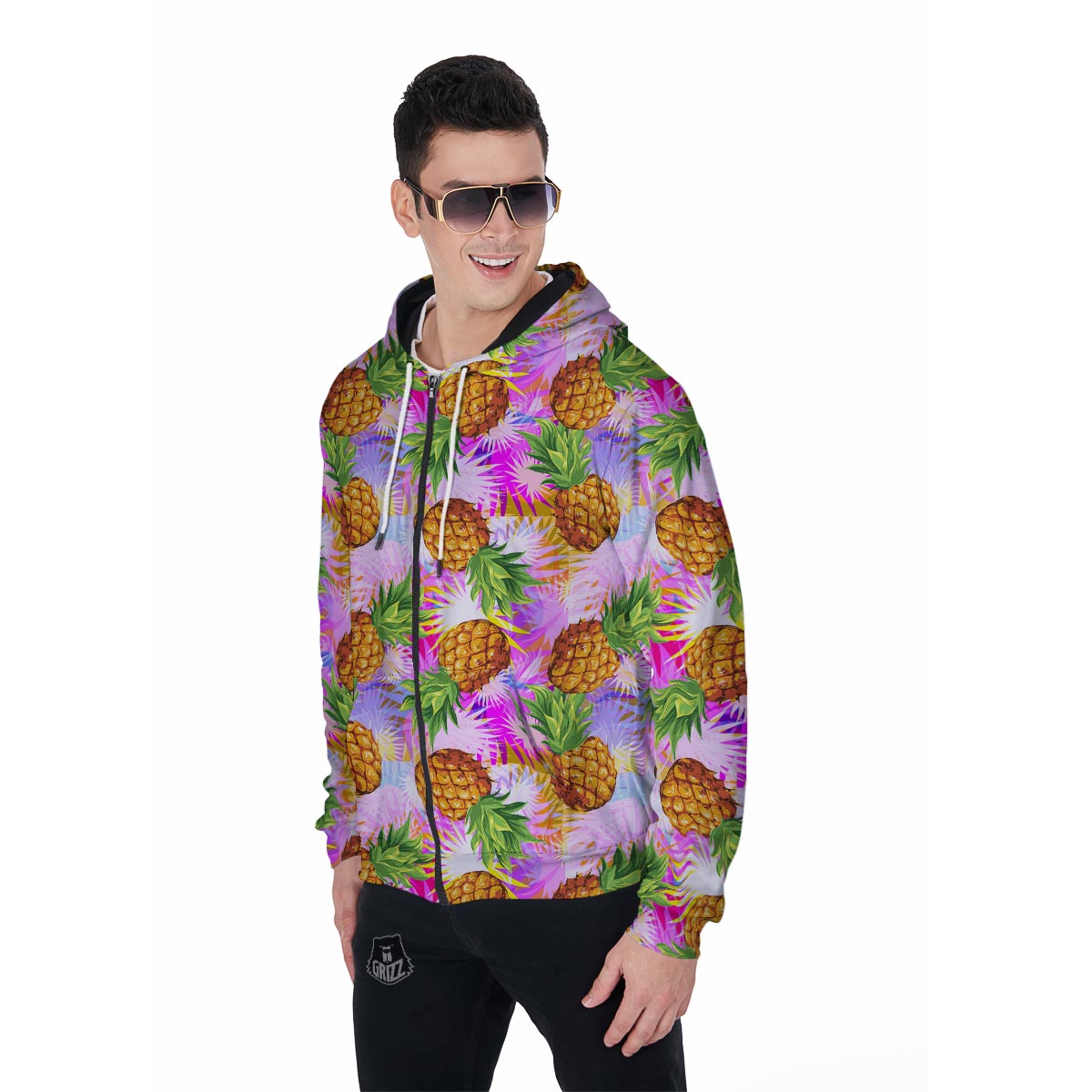Purple Neon Pineapple Hawaiian Print Men's Zip Up Hoodie-grizzshop