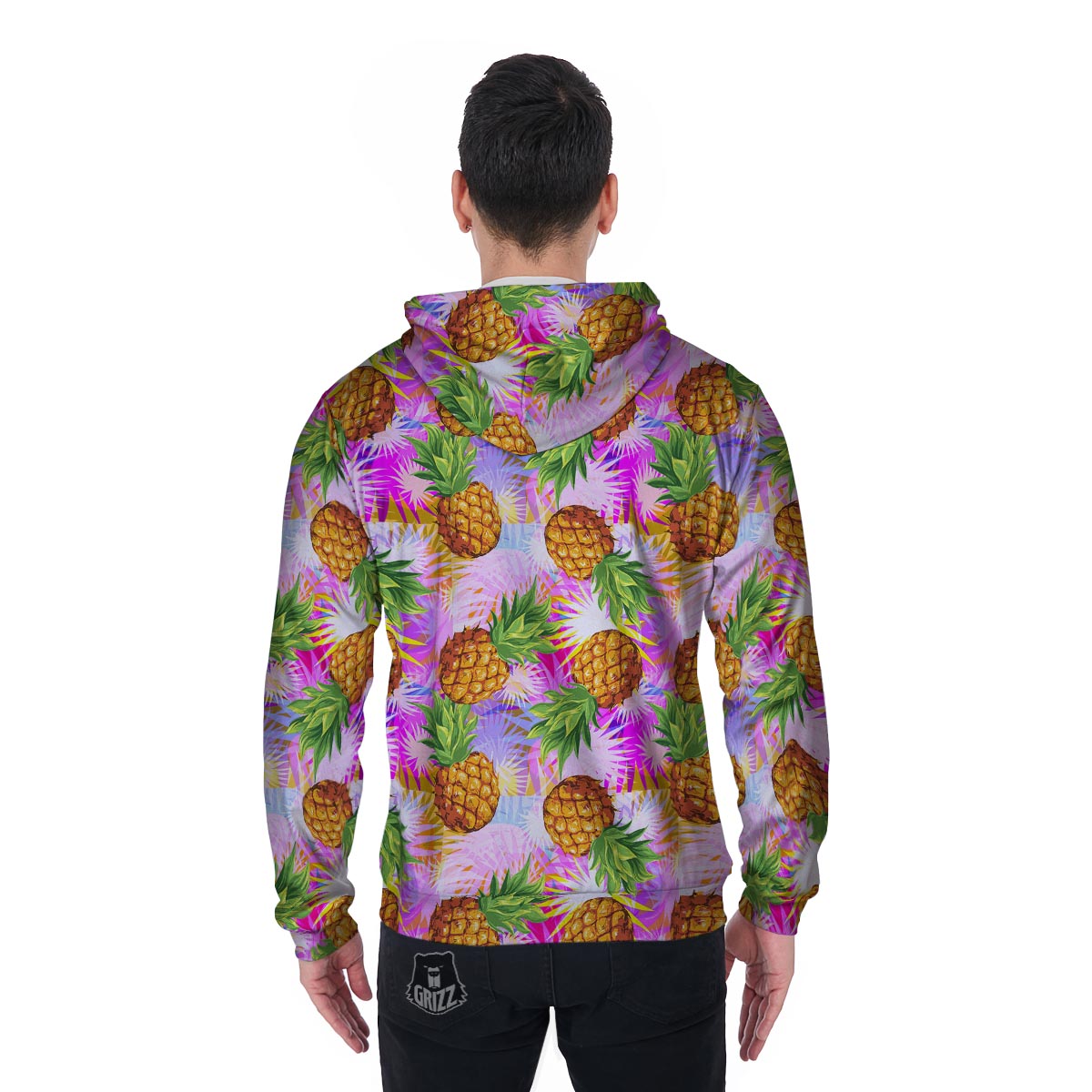 Purple Neon Pineapple Hawaiian Print Men's Zip Up Hoodie-grizzshop
