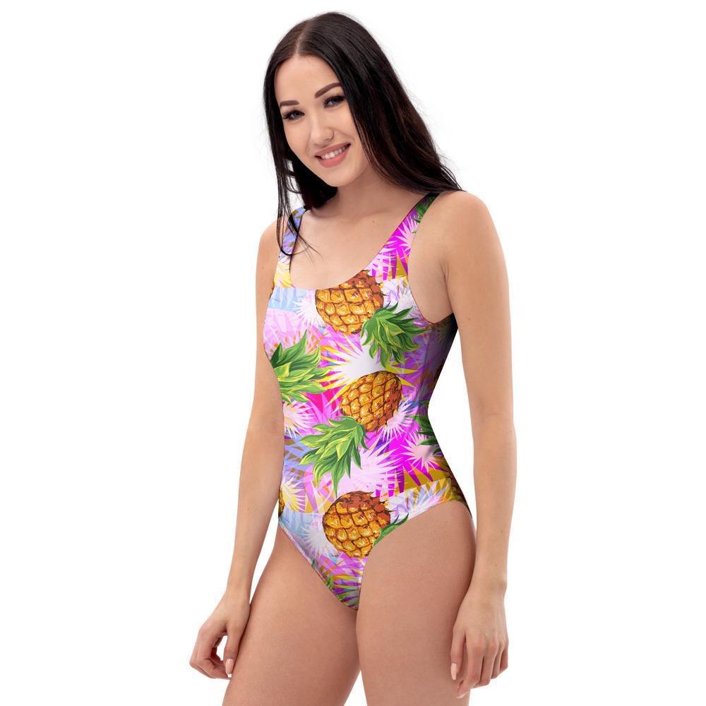 Purple Neon Pineapple Hawaiian Print One Piece Swimsuite-grizzshop