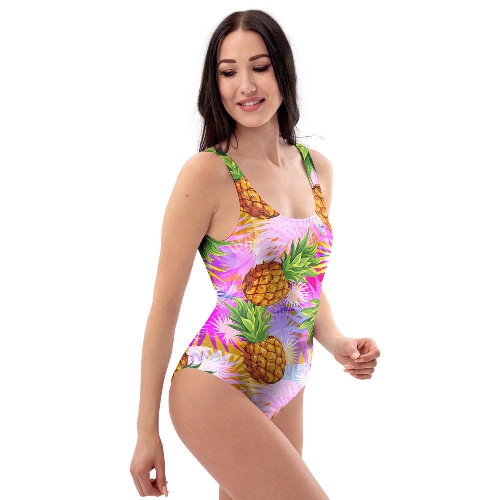 Purple Neon Pineapple Hawaiian Print One Piece Swimsuite-grizzshop