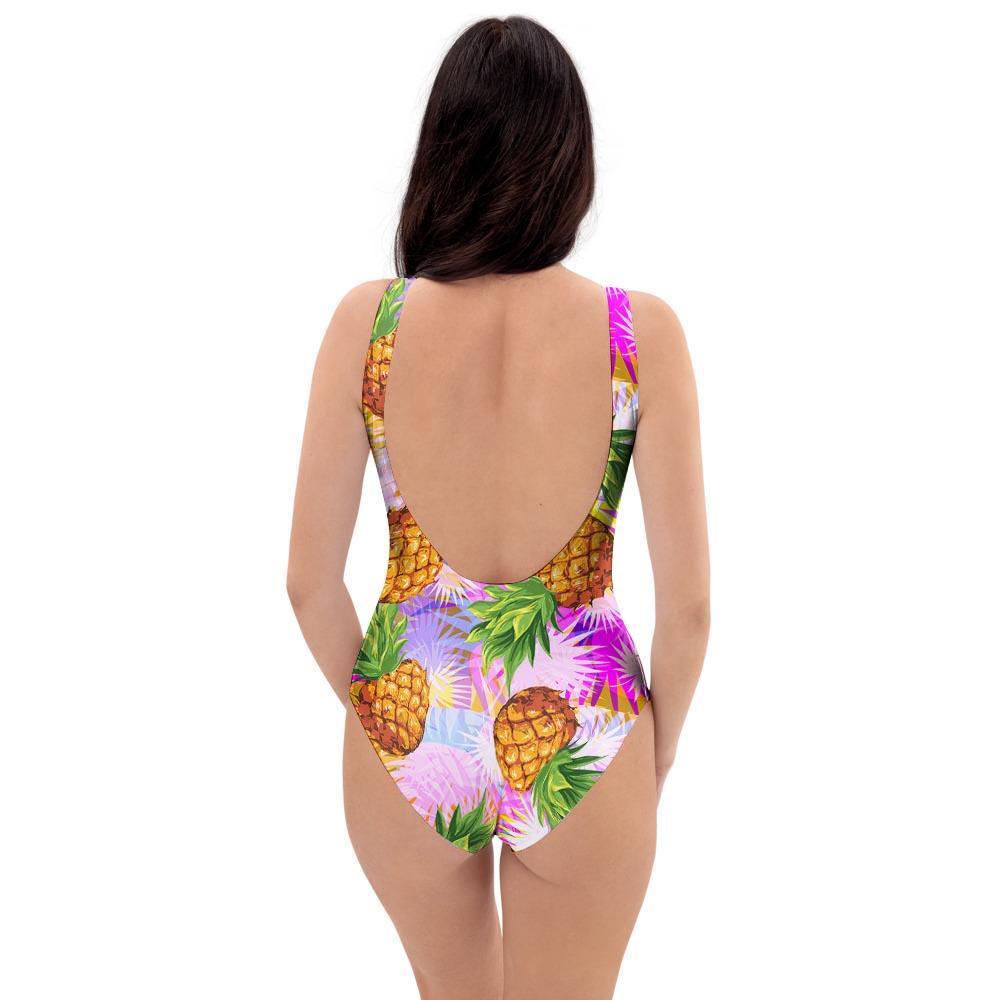 Purple Neon Pineapple Hawaiian Print One Piece Swimsuite-grizzshop