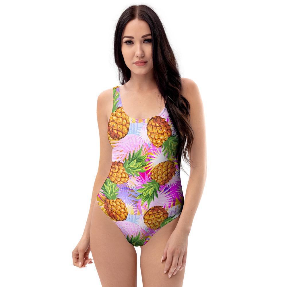Purple Neon Pineapple Hawaiian Print One Piece Swimsuite-grizzshop