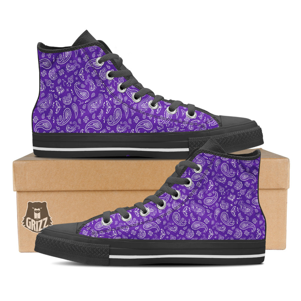 Purple Paisley Bandana Print Black High Top Shoes-grizzshop
