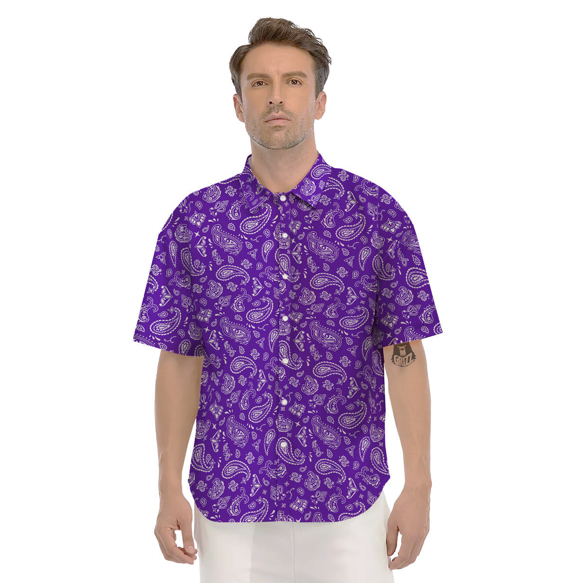 Purple Paisley Bandana Print Men's Short Sleeve Shirts-grizzshop