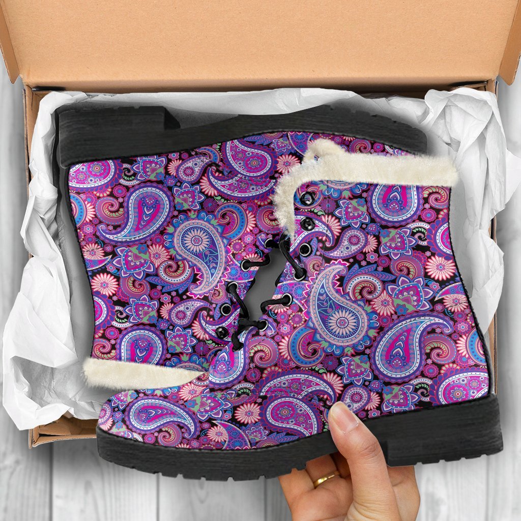 Purple Paisley Pattern Print Comfy Winter Boots-grizzshop