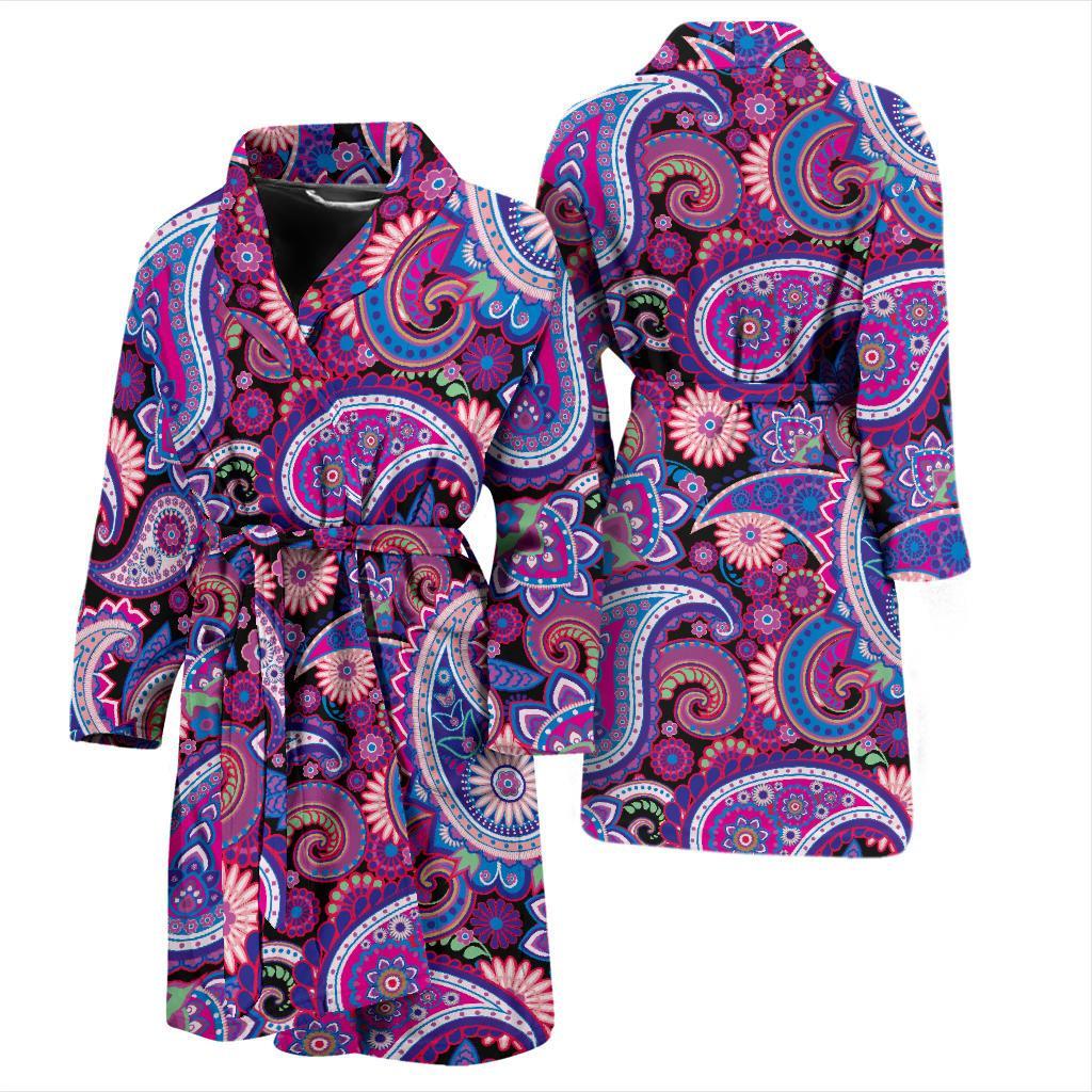 Purple Paisley Pattern Print Men Long Robe-grizzshop