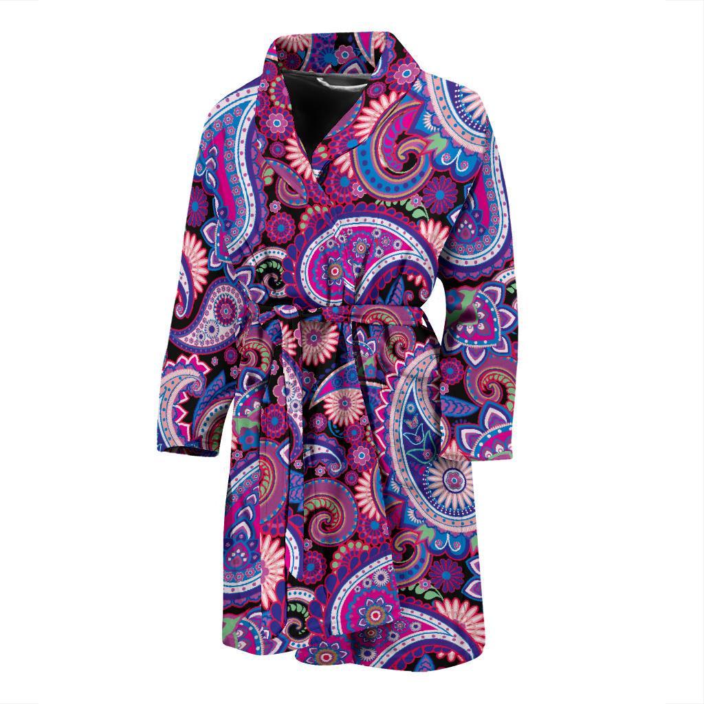 Purple Paisley Pattern Print Men Long Robe-grizzshop